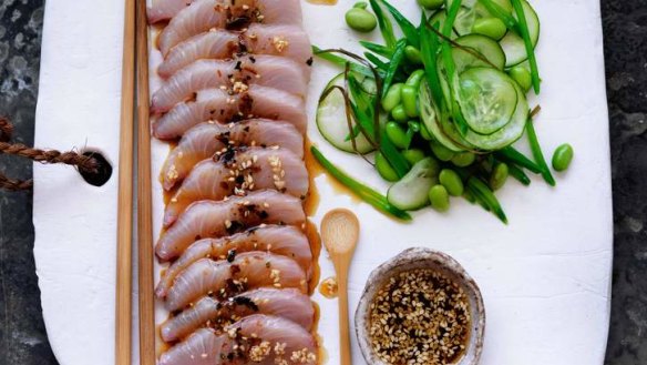 Kingfish sashimi with sesame ponzu dressing.