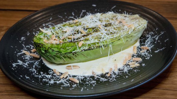Grilled cos lettuce with almond puree and pecorino.