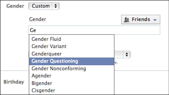 Facebook now offers more than 50 custom gender identifiers, but the only way to see the options is via a drop-down autocomplete menu.