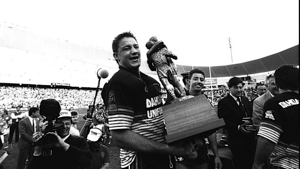 Panther pride: Mark Geyer and Greg Alexander after the 1991 grand final over Canberra. 