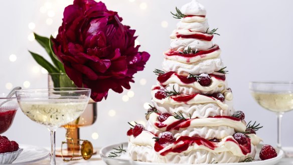 This stacked pavlova Christmas tree makes a grand table centrepiece.