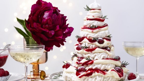 This stacked pavlova Christmas tree makes a grand table centrepiece.