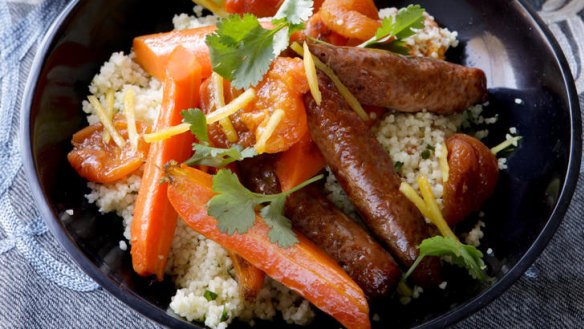 Apricot and ginger couscous with roast carrots and merguez.