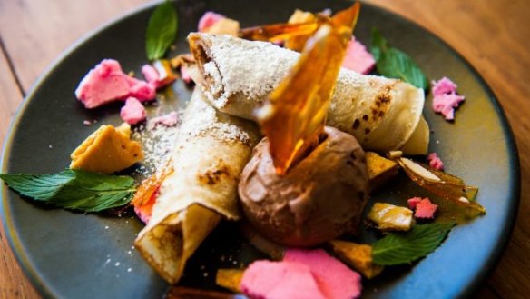 Food and Wine  Date: February 25 2016 The Canberra Times Photo: Elesa Kurtz Cibo Kitchen restaurant review Palacinke - Balkan style crepe filled with nutella served with bon bon rocher gelato