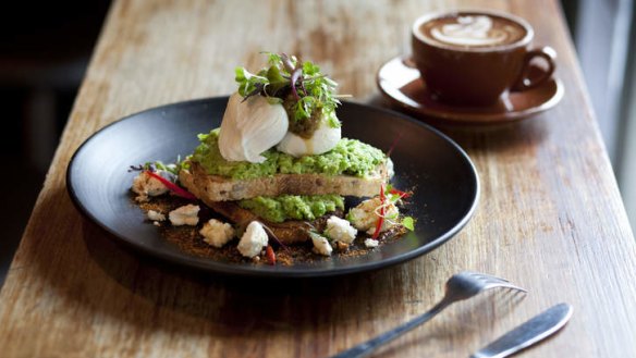 Crushed peas and broad beans, poached eggs and eggplant kasundi.