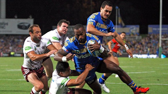 Unstoppable: Semi Radradra of the Eels scores in the corner.