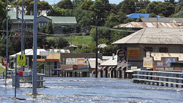 Floodwaters inundate Skipton's main street.