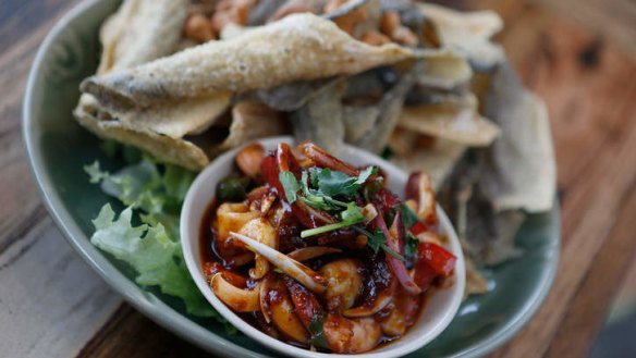 Yum sam grop with deep-fried fish skin and tamarind and chilli dressing.