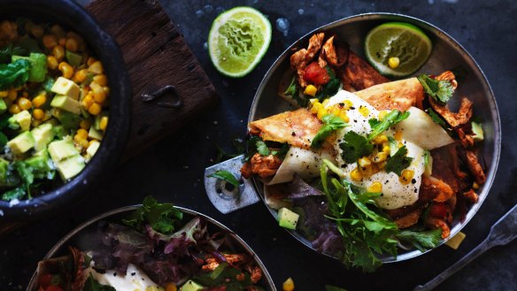 Neil Perry's chicken flautas with sweetcorn and avocado salsa.