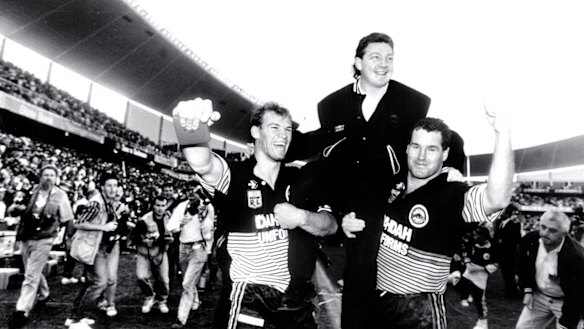 Premiership success: Phil Gould is jubilant after guiding the Panthers to the title in 1991.