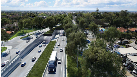 An artist’s impression of the eastern portal at the Parramatta Road interchange, looking west towards the western ventilation stack in the middle distance.