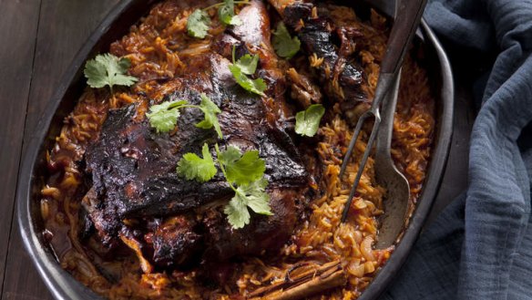 Greek tomato-baked lamb with orzo.