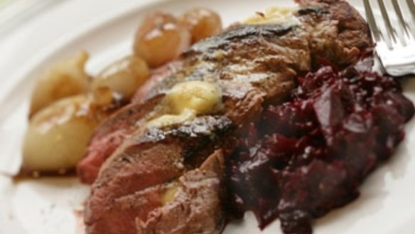 Kangaroo fillet with chopped beetroot and anchovy butter