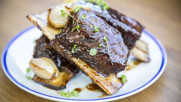 Cola-glazed beef ribs are chunky and succulent.