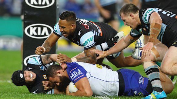 Try-time: Sam Kasiano forms part of the Bulldogs' giant forward pack.