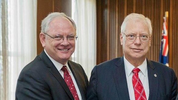 Former Canterbury Council general manager Jim Montague (left) with former mayor Brian Robson.
