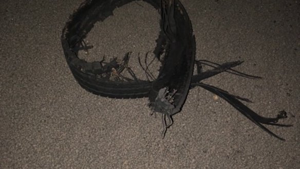 Dianna Pedler said she saw this piece of tyre on the side of the road that she believes fell off the car driving towards her on the Monash Freeway. 