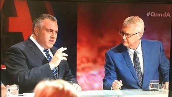 Joe Hockey presses another point as <i>Q&A</i> host Tony Jones looks on.