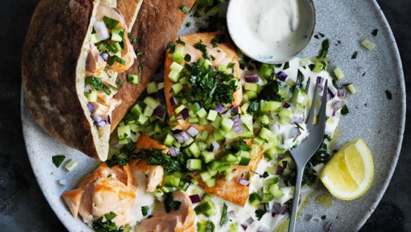 Speedy salmon pitas with hummus.