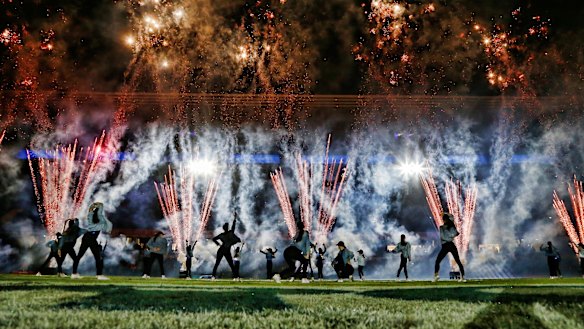 Dancers, fireworks and music brought the crowd into the game.