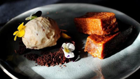 Caramelised ginger cake with maple and walnut ice-cream.