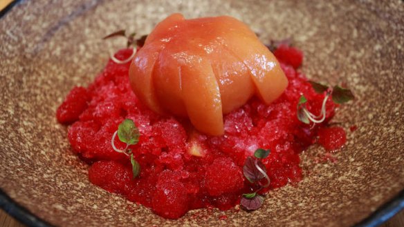 A winning classic: Poached peach with umeshu fruit liqueur and grapefruit granita.