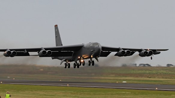 A US Air Force B-52 bomber – two of these flew near the Spratly Islands this week. Photo by Nigel Pittaway