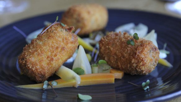 Confit duck croquettes, prunes, pickled carrots and sauternes.