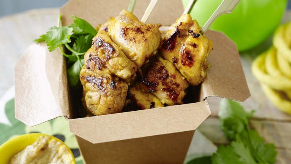 Satay chicken skewers.