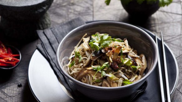 Egg noodles with shitake and bacon.