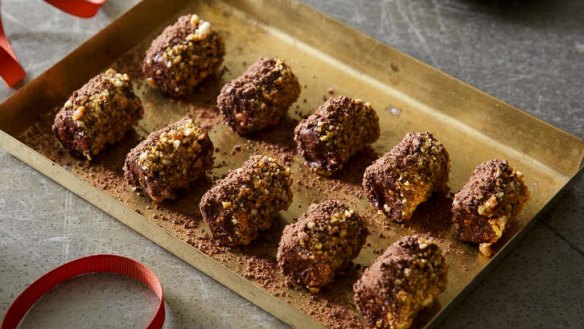 Dark chocolate, pistachio and praline truffles.