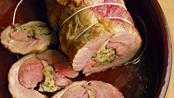 Roast spring lamb with tarragon and bresd stuffing.