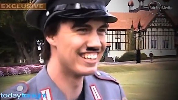 Internet troll Tristan Barker dressed up in a Nazi-style outfit when he met with <i>Today Tonight</i> reporter David Eccleston.
