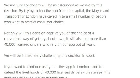 An online petition by Uber in response to the company not being granted a licence renewal in London.