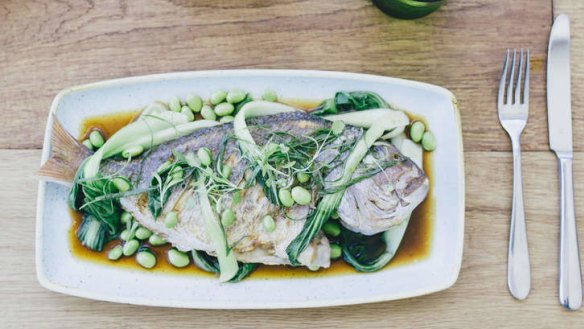 Whole snapper with soy beans and bok choy.