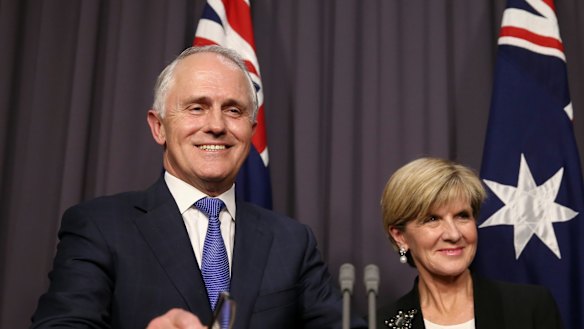Prime Minister-designate Malcolm Turnbull and Deputy Leader Julie Bishop address the media at Parliament House in Canberra following Monday's Liberal leadership ballot.