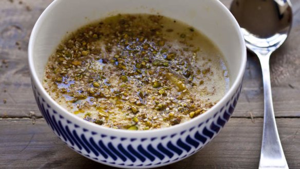 Potato and leek soup with pistachio dukkah.