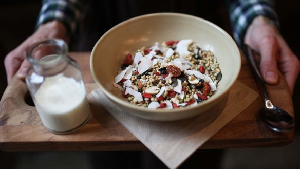 'Super-charged' granola served with house-made almond milk on the side.