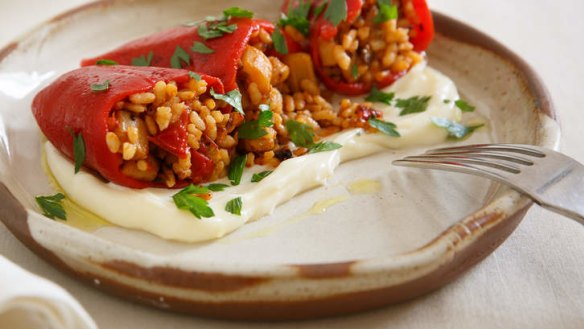 Piquillo peppers stuffed with calamari paella.