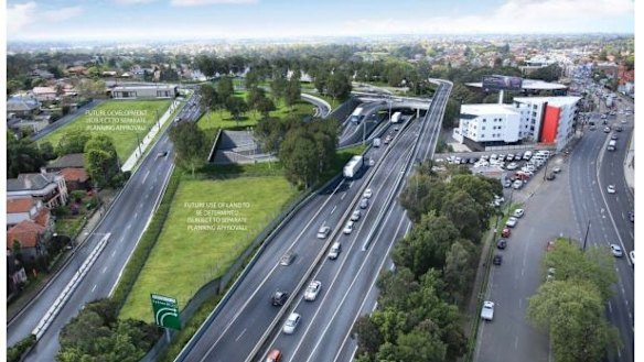 An artist’s impression of the modified Concord Road intersection, looking east across the portal entry and exit ramps. 