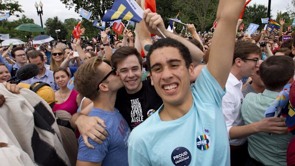 Supporters of same-sex marriage celebrate outside of the Supreme Court in Washington.