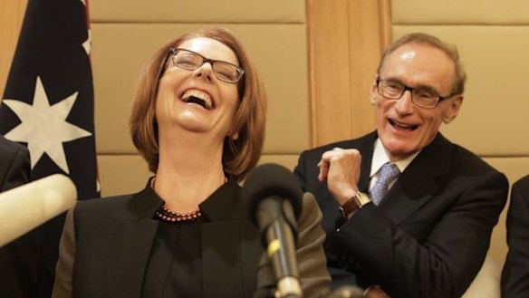 Happier times ... Prime Minister Julia Gillard with Foreign Minister Bob Carr at a press conference in Beijing China on 9 April, 2013.