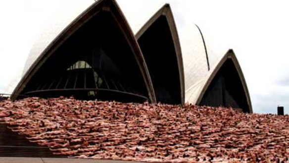 Thousands stripped for photographer Spencer Tunick at Sydney Opera House this morning.