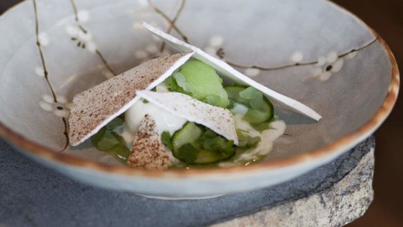 Cucumber and buttermilk sorbets with vanilla meringue.