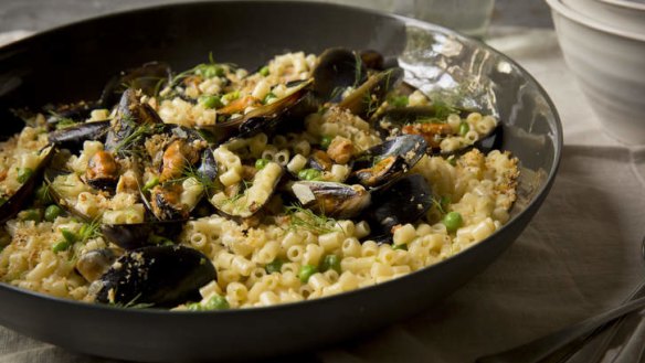 Macaroni with mussels, spring peas and toasted breadcrumbs.