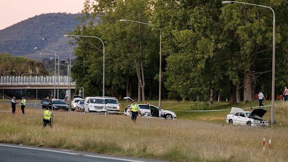Police attend the scene of an accident on Yarra Glen in Hughes on Tuesday evening. 