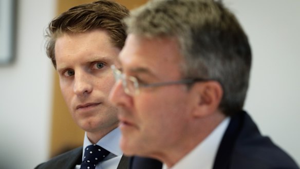 Liberal MP Andrew Hastie and Shadow Attorney-General Mark Dreyfus during a Parliamentary Joint Committee of Intelligence and Security (PJCIS) hearing on the Review of the Home Affairs and Integrity Agencies Legislation Amendment Bill 2017, at Parliament House in Canberra.
