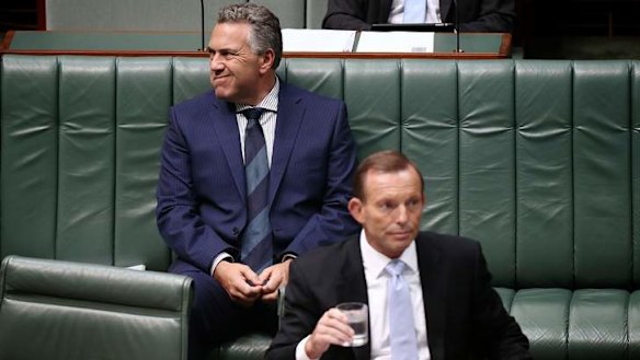 Treasurer Joe Hockey and Prime Minister Tony Abbott arrive for question time. Photo: Alex Ellinghausen