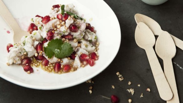 White cerviche with puffed quinoa.