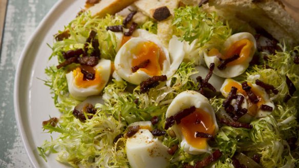 Curly endive, soft-boiled egg, pancetta and Jerusalem artichoke salad.